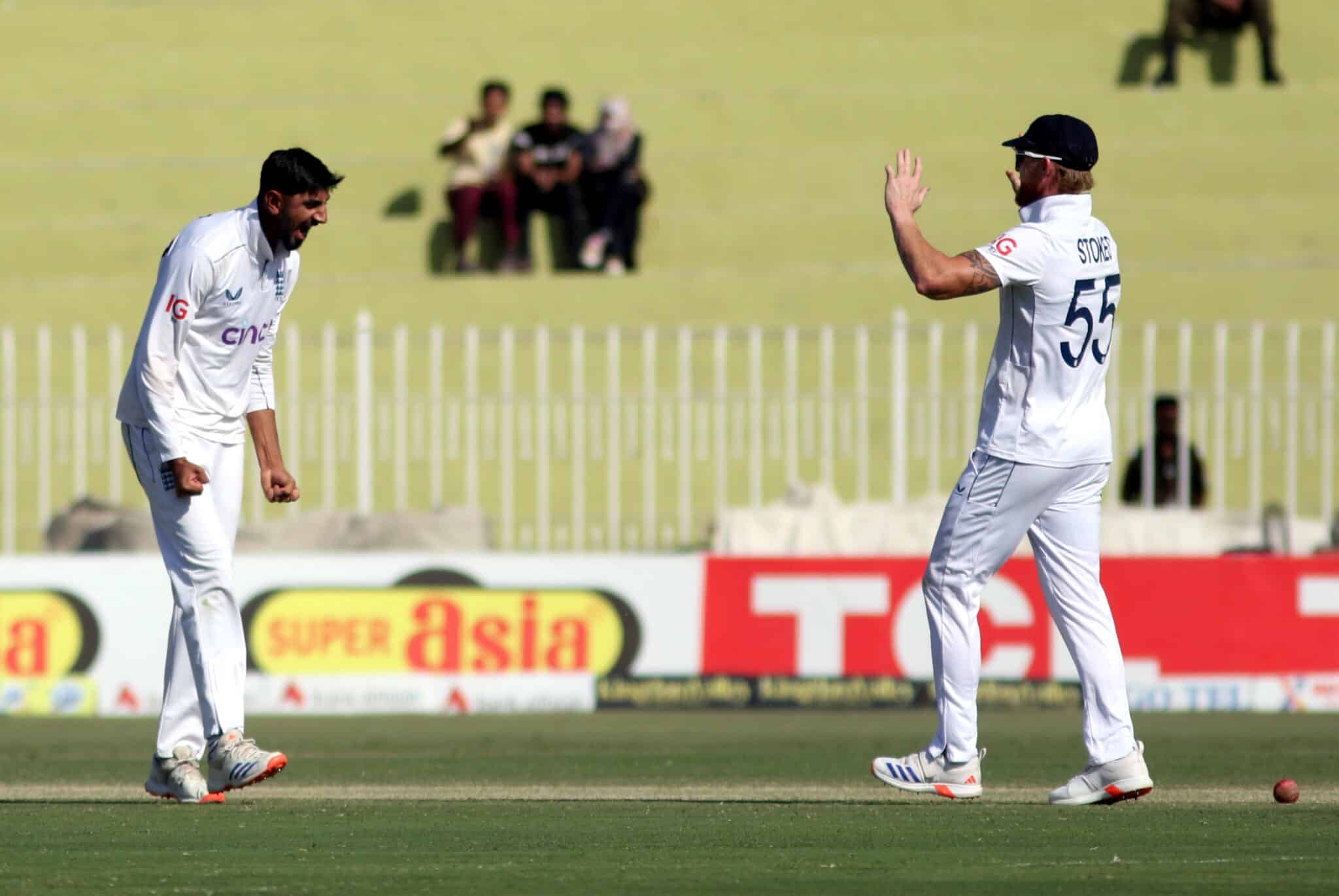 Two England cricketers celebrate during a Test match, one appealing after a delivery as the other supports from the field.