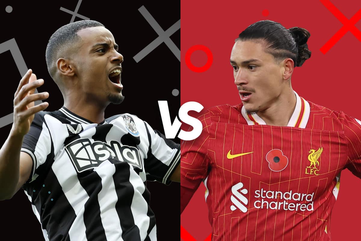 Graphic of Newcastle player in black and white kit on the left versus Liverpool player in red kit on the right, with 'X' and 'O' symbols and a versus sign between them, representing an upcoming football match.