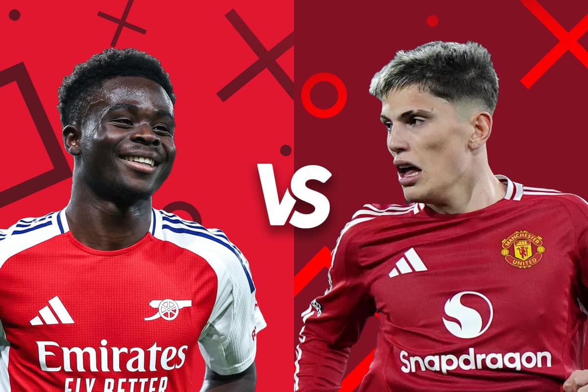 Promotional graphic for a football match featuring an Arsenal player in a red kit on the left and a Manchester United player in a red kit on the right, both set against a backdrop of red with game symbols, representing an upcoming match between the two teams.