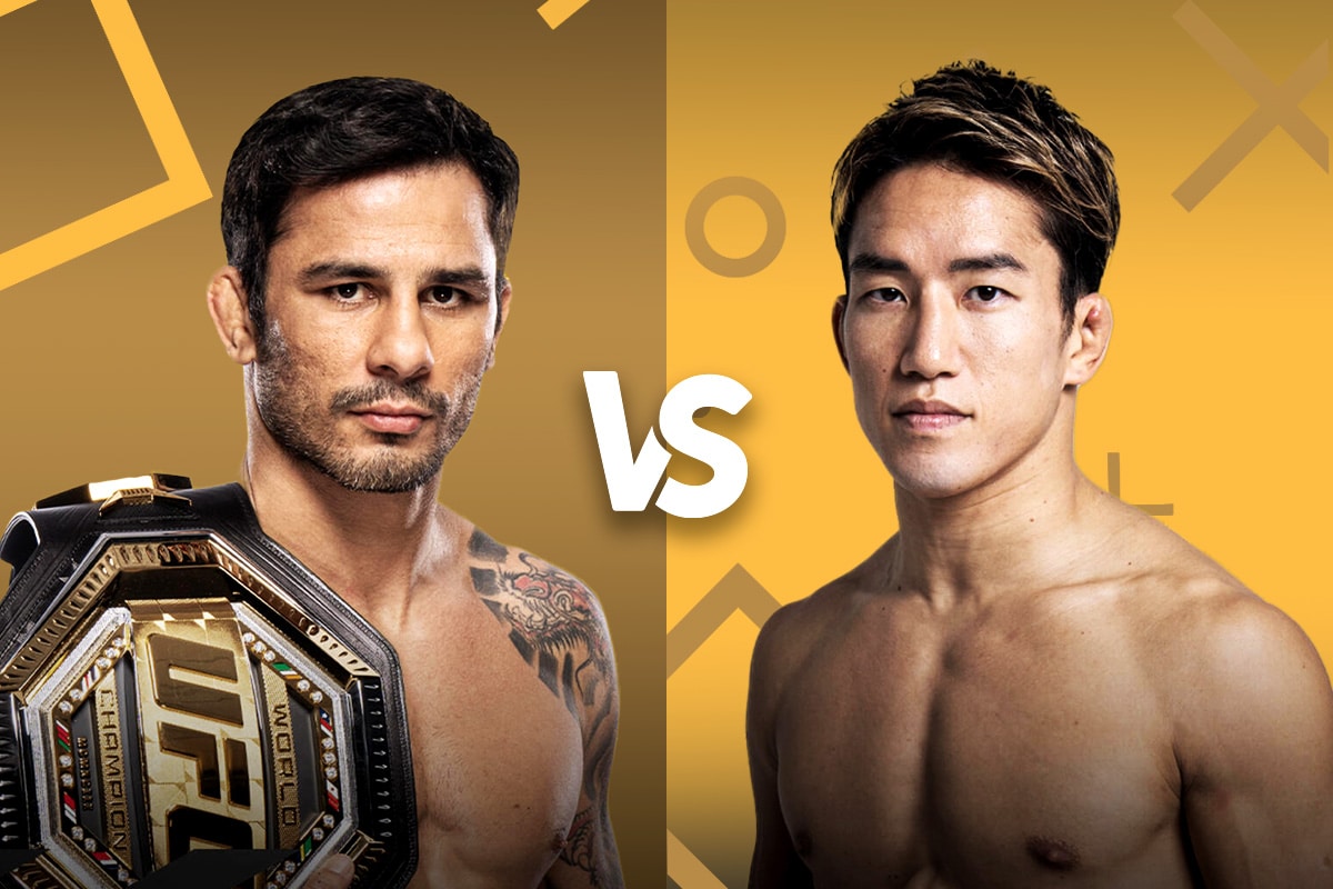 romotional image for UFC 310 featuring Alexandre Pantoja on the left, holding a championship belt and facing off against Kai Asakura on the right, with a golden background and the VS symbol between them, highlighting the upcoming flyweight title fight.