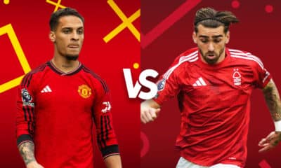 Manchester United player in red jersey and Nottingham Forest player in red gear are displayed side by side in a graphic promoting a match-up, illustrating the anticipation and competitive spirit between the two players.