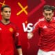 Manchester United player in red jersey and Nottingham Forest player in red gear are displayed side by side in a graphic promoting a match-up, illustrating the anticipation and competitive spirit between the two players.