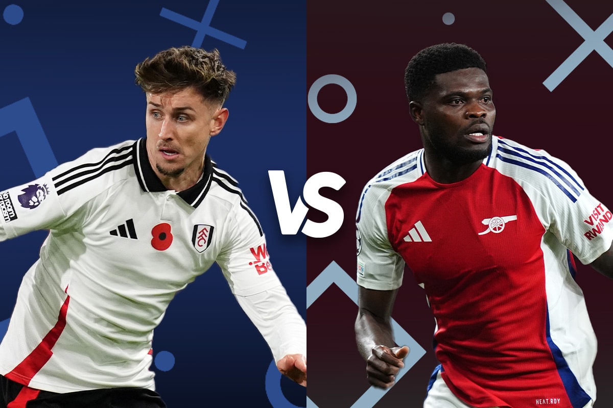 om Cairney of Fulham and Thomas Partey of Arsenal face off in a promotional graphic for an upcoming match, symbolized by contrasting blue and red backdrops and their respective team kits, emphasizing the intensity of the Premier League rivalry.