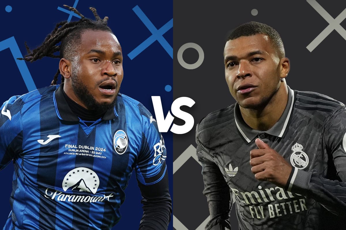 The image features a dynamic "versus" graphic comparing two prominent football players: one from Atalanta, dressed in a blue jersey, and another from Real Madrid, dressed in a dark grey jersey. The split background creatively contrasts the team colors—blue for Atalanta and dark grey for Real Madrid. This graphic is typically used to promote upcoming matches or highlight player comparisons, emphasizing the excitement and anticipation surrounding the game. Such visuals are often seen in promotional content ahead of key sports events.