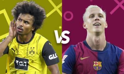 The image showcases a promotional "versus" graphic for an anticipated football match, featuring two key players from Borussia Dortmund and FC Barcelona. On the left, a Dortmund player in a vibrant yellow kit is captured seemingly listening intently or calling out on the field, adding a dynamic element to the visual. On the right, a Barcelona player in a maroon kit looks upwards, likely celebrating or in anticipation, his expression filled with intensity. This graphic serves to highlight the matchup between these two prominent teams, focusing on star players to ramp up excitement for the game.