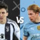 Juventus vs Manchester City promotional graphic featuring key players in a Champions League matchup.