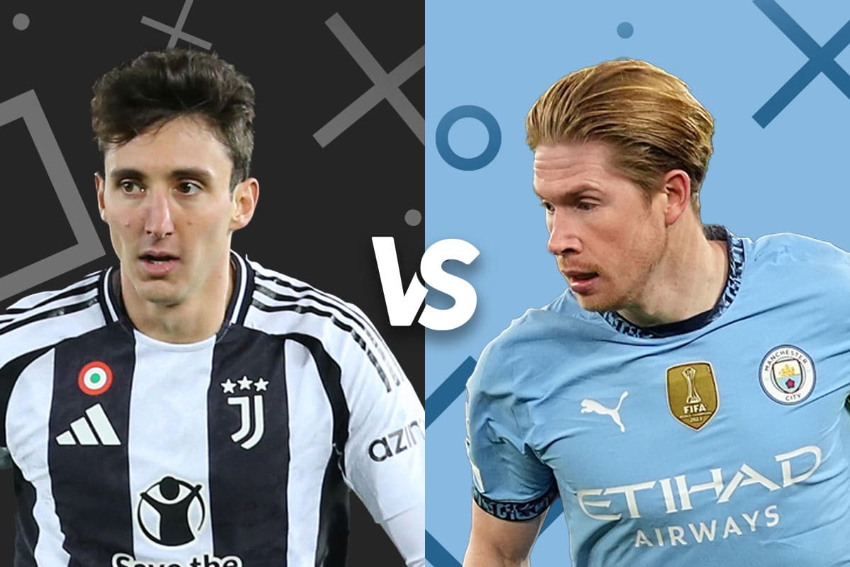 Juventus vs Manchester City promotional graphic featuring key players in a Champions League matchup.