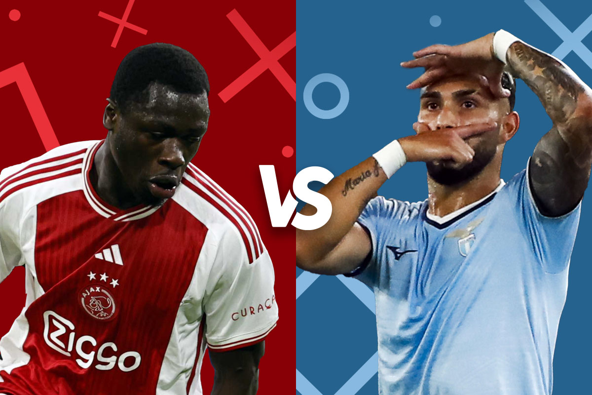 This graphic displays a player from Ajax on the left and a player from Lazio on the right, set against a background of their team colors, red and blue respectively. It’s a promotional image for a match between Ajax and Lazio, highlighted by graphical elements like crosses and circles, emphasizing a clash or matchup. The players appear ready for action, adding to the anticipation of the upcoming game.