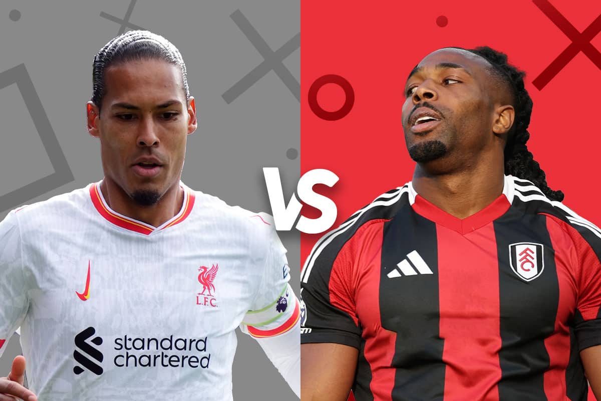 This image features two football players from Liverpool and Fulham, set against their team colors and patterned backgrounds, promoting an upcoming match. The players are shown in their respective kits, which adds to the anticipation and competitive vibe of the match. The overall design highlights the individual prowess of each player, setting the stage for their on-field encounter.