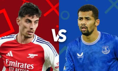 This image features two football players, one from Arsenal and the other from Everton, set against a graphic background with team colors prominently displayed. It's a promotional image for an upcoming match between the two teams, highlighting the anticipated head-to-head competition. The players are presented in their team kits, adding to the visual appeal and match anticipation.