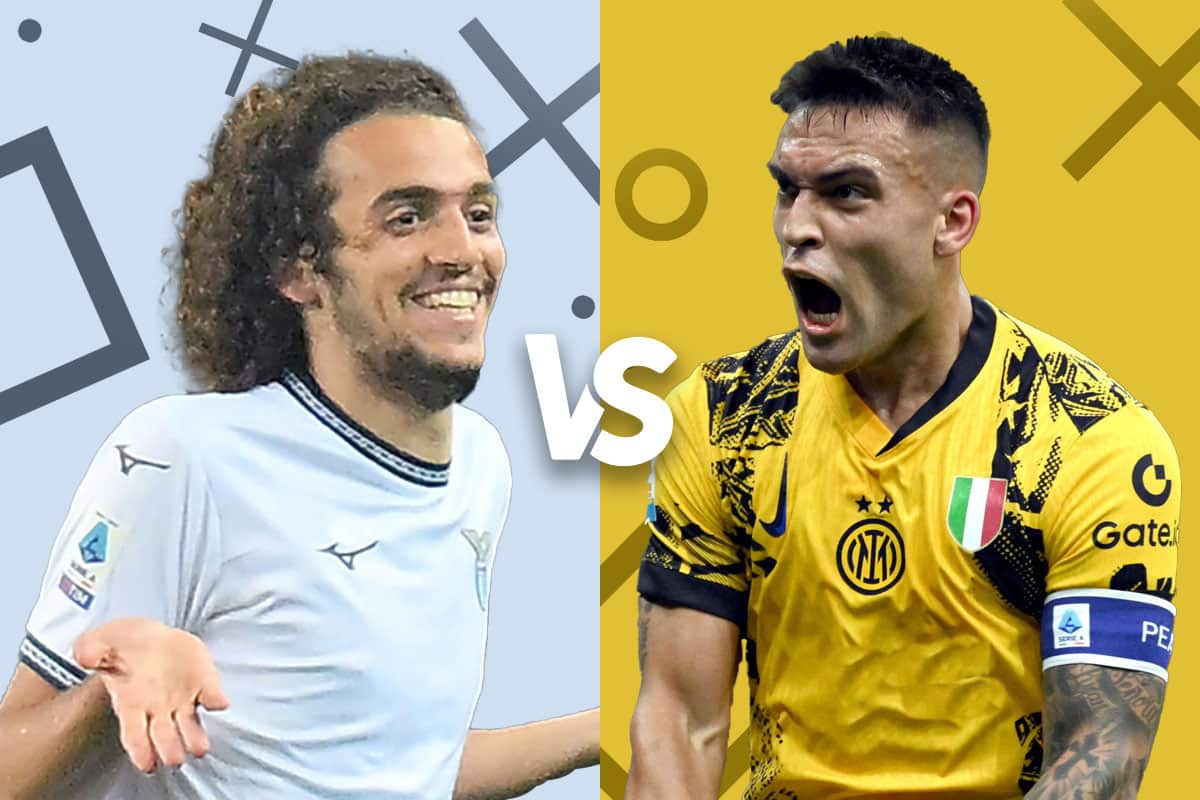 Promotional image of a Lazio player versus an Inter Milan player, highlighting their upcoming football match.